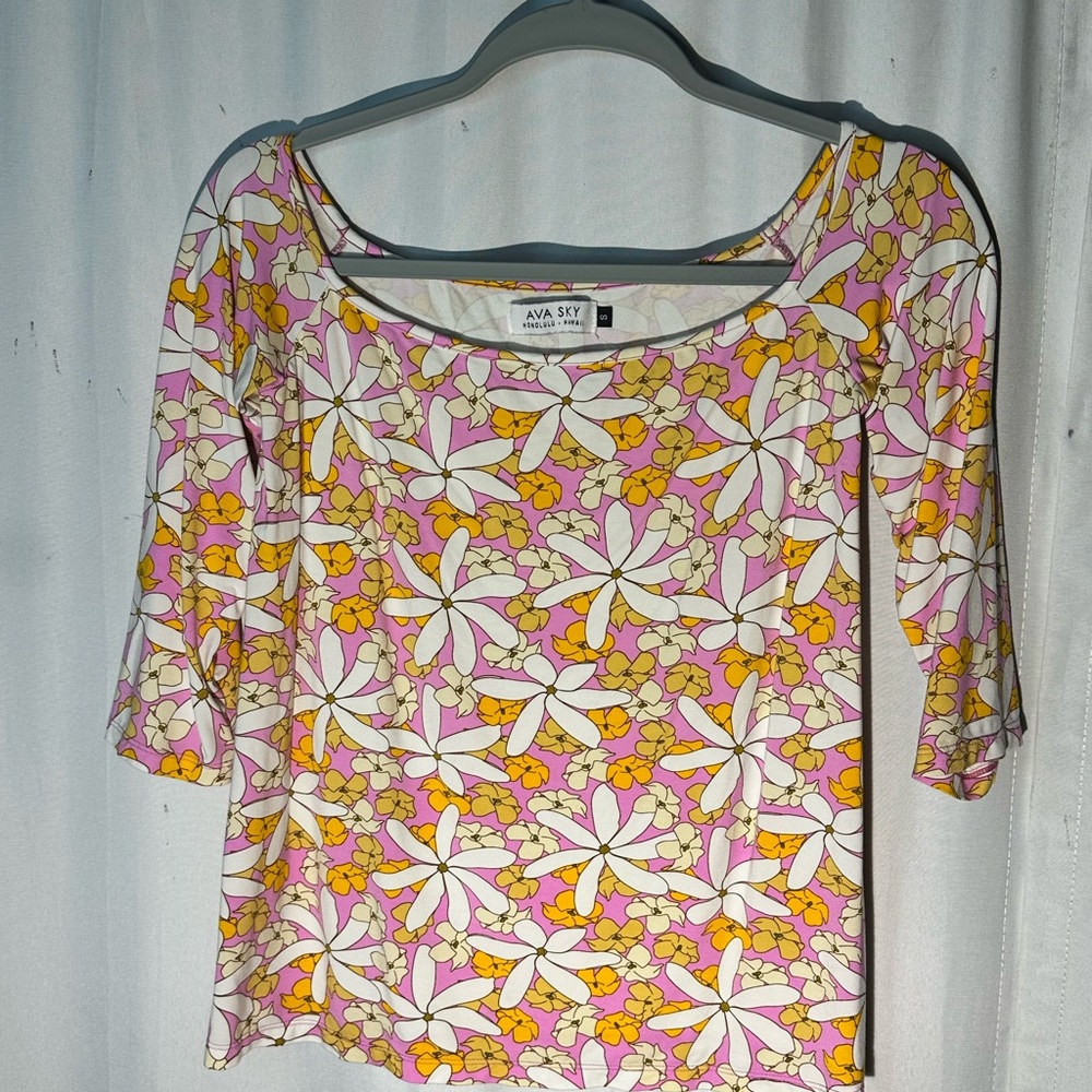 AVA SKY Women's Floral Scoop Neck Top in Pink & Yellow